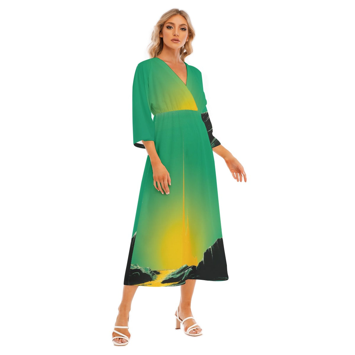 All-Over Print Women's Mid-Sleeve Long Dress