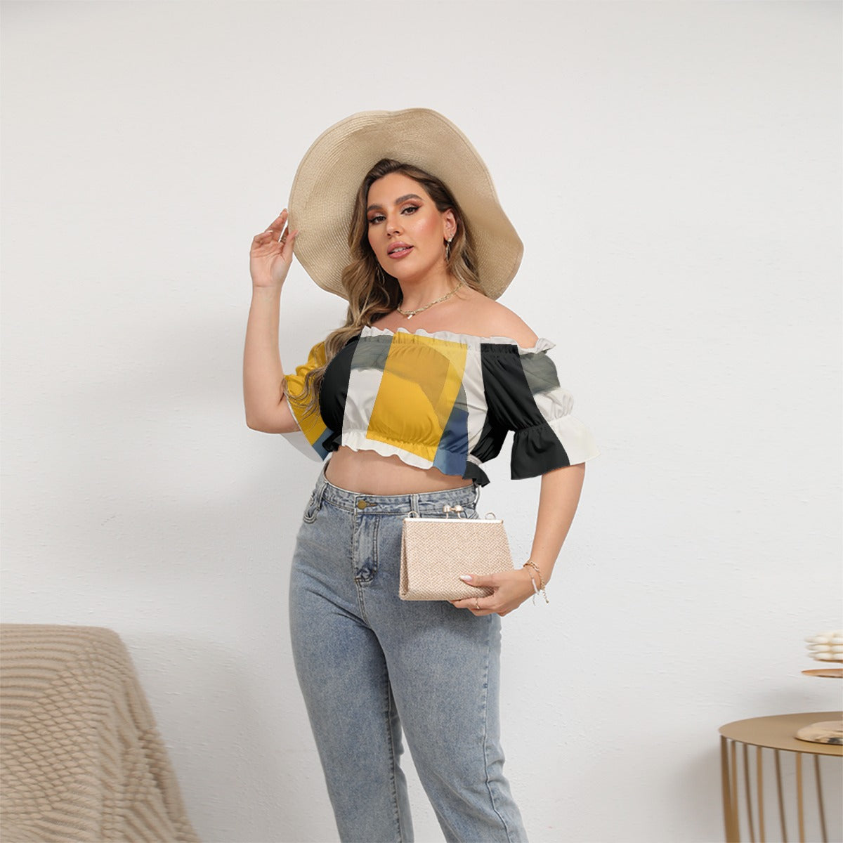 All-Over Print Women's Off-shoulder Cropped Top With Short Puff Sleeve