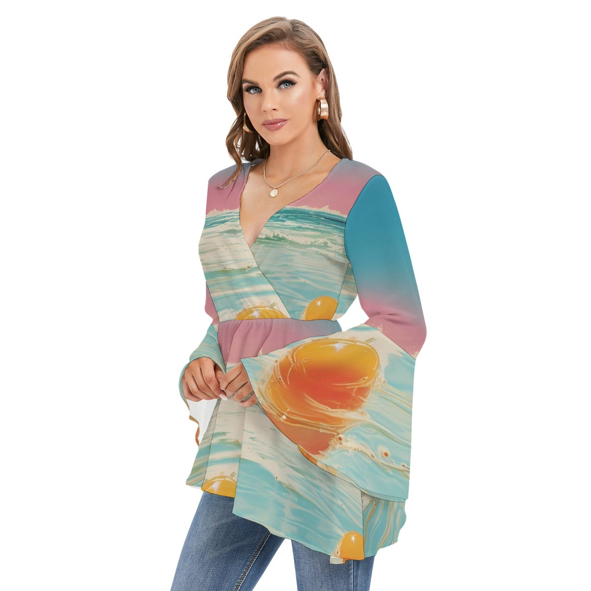 All-Over Print Women's V-neck Blouse With Flared Sleeves