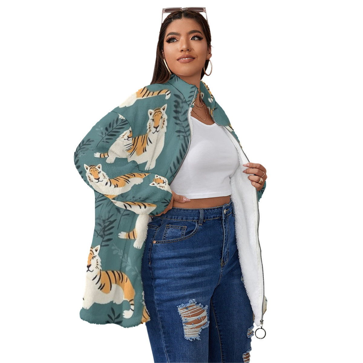 All-Over Print Unisex Borg Fleece Stand-up Collar Coat With Zipper Closure(Plus Size)