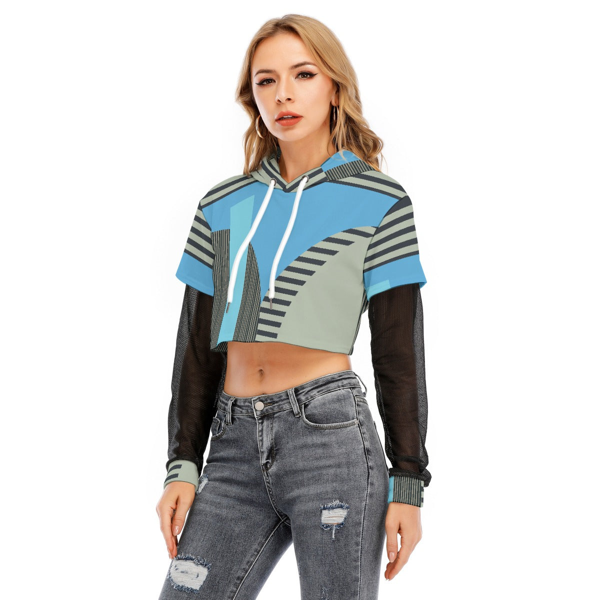 All-Over Print Women's Fake Two-piece Mesh Sleeve Cropped Hoodie