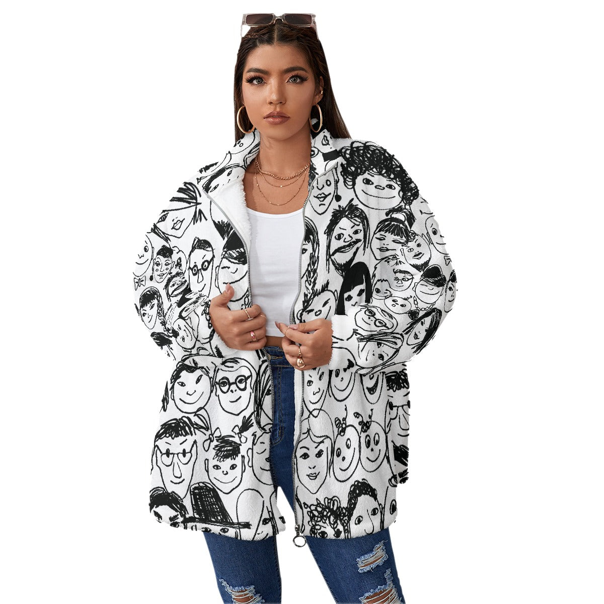 All-Over Print Unisex Borg Fleece Stand-up Collar Coat With Zipper Closure(Plus Size)