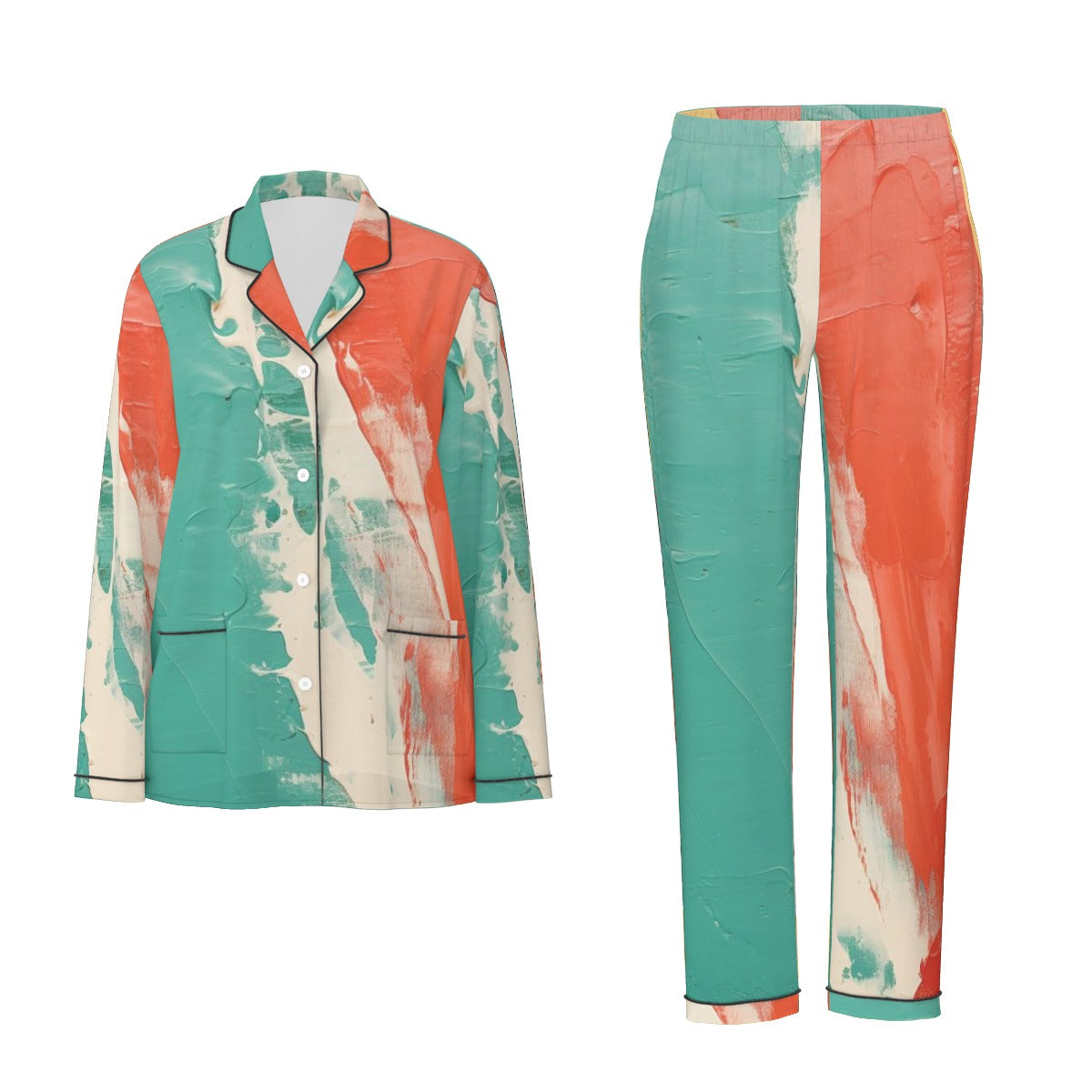 All-Over Print Women's Long Sleeve Pajama Set With Black Contrast Piping