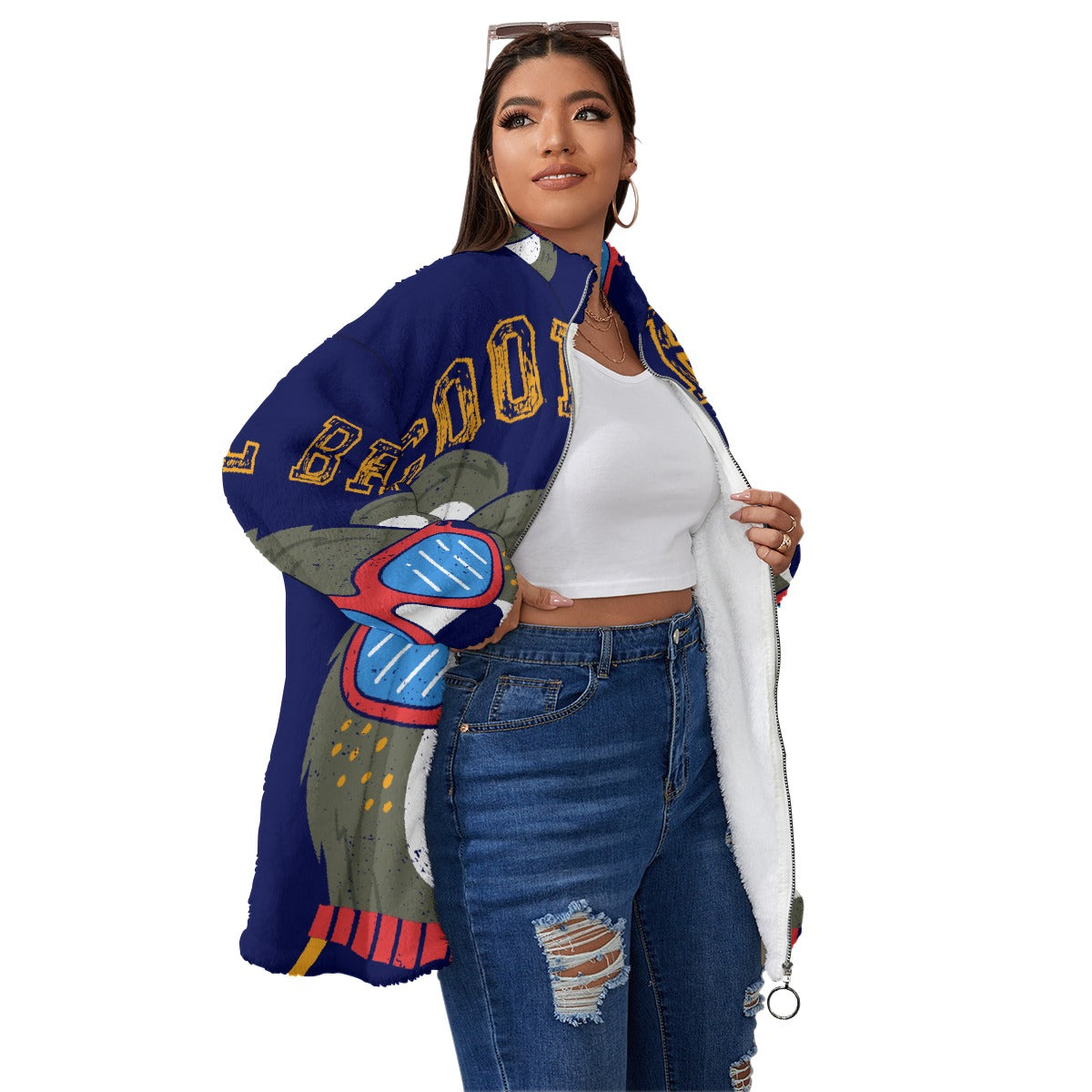 All-Over Print Unisex Borg Fleece Stand-up Collar Coat With Zipper Closure(Plus Size)