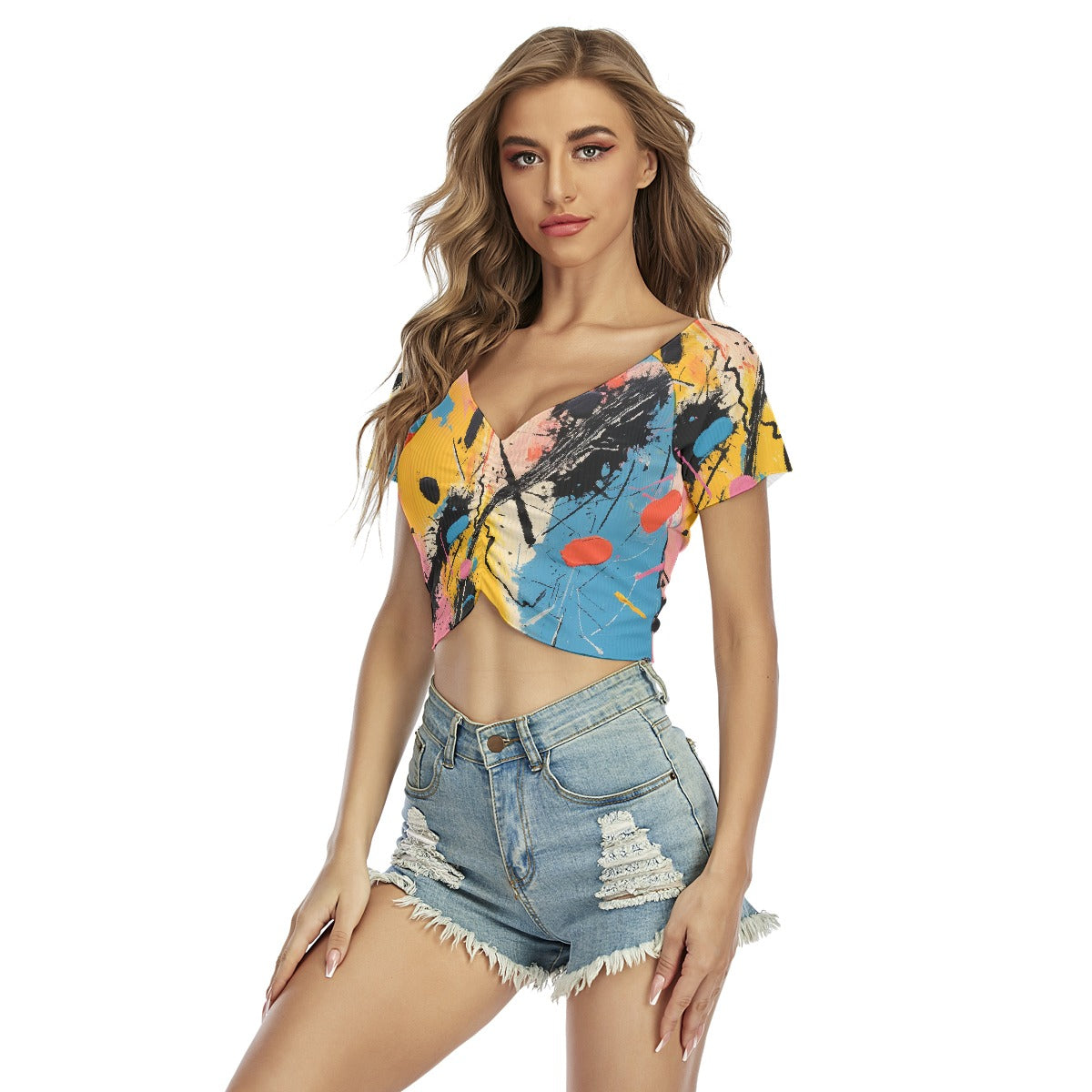 All-Over Print Women's Raglan Drawstring Front  Crop Tee