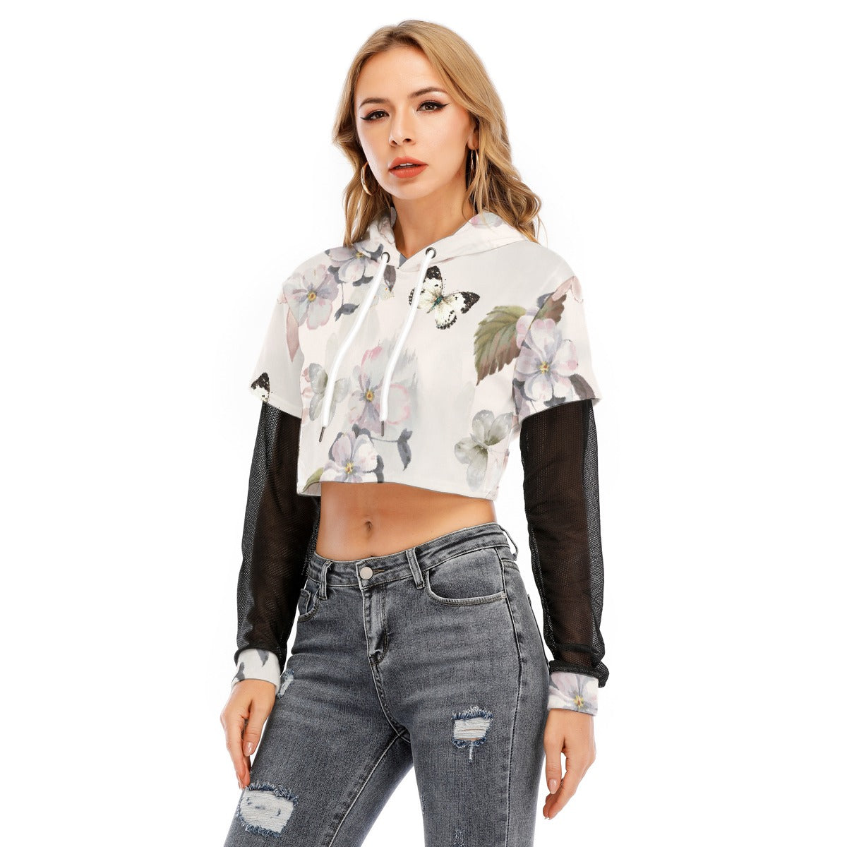 All-Over Print Women's Fake Two-piece Mesh Sleeve Cropped Hoodie