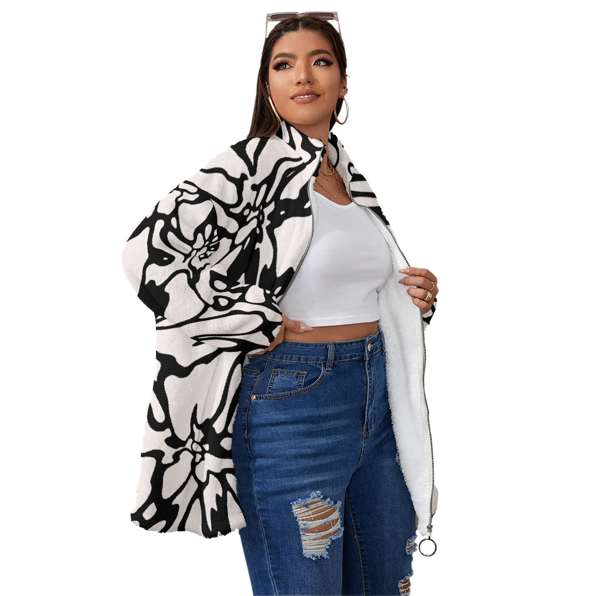 All-Over Print Unisex Borg Fleece Stand-up Collar Coat With Zipper Closure(Plus Size)