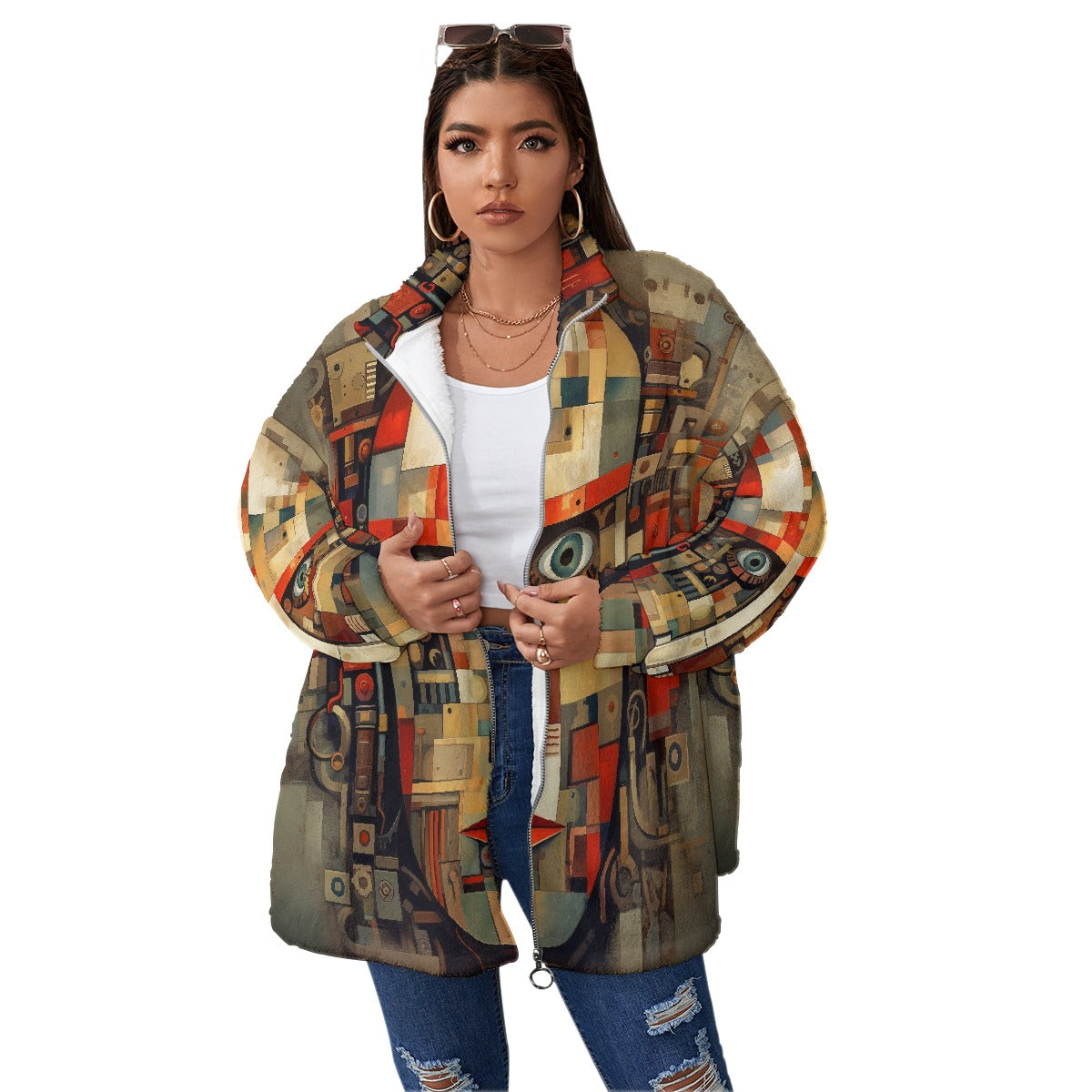 All-Over Print Unisex Borg Fleece Stand-up Collar Coat With Zipper Closure(Plus Size)