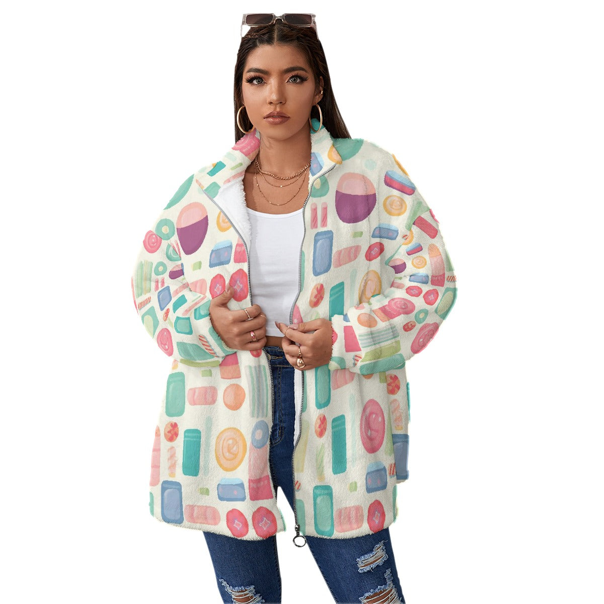 All-Over Print Unisex Borg Fleece Stand-up Collar Coat With Zipper Closure(Plus Size)