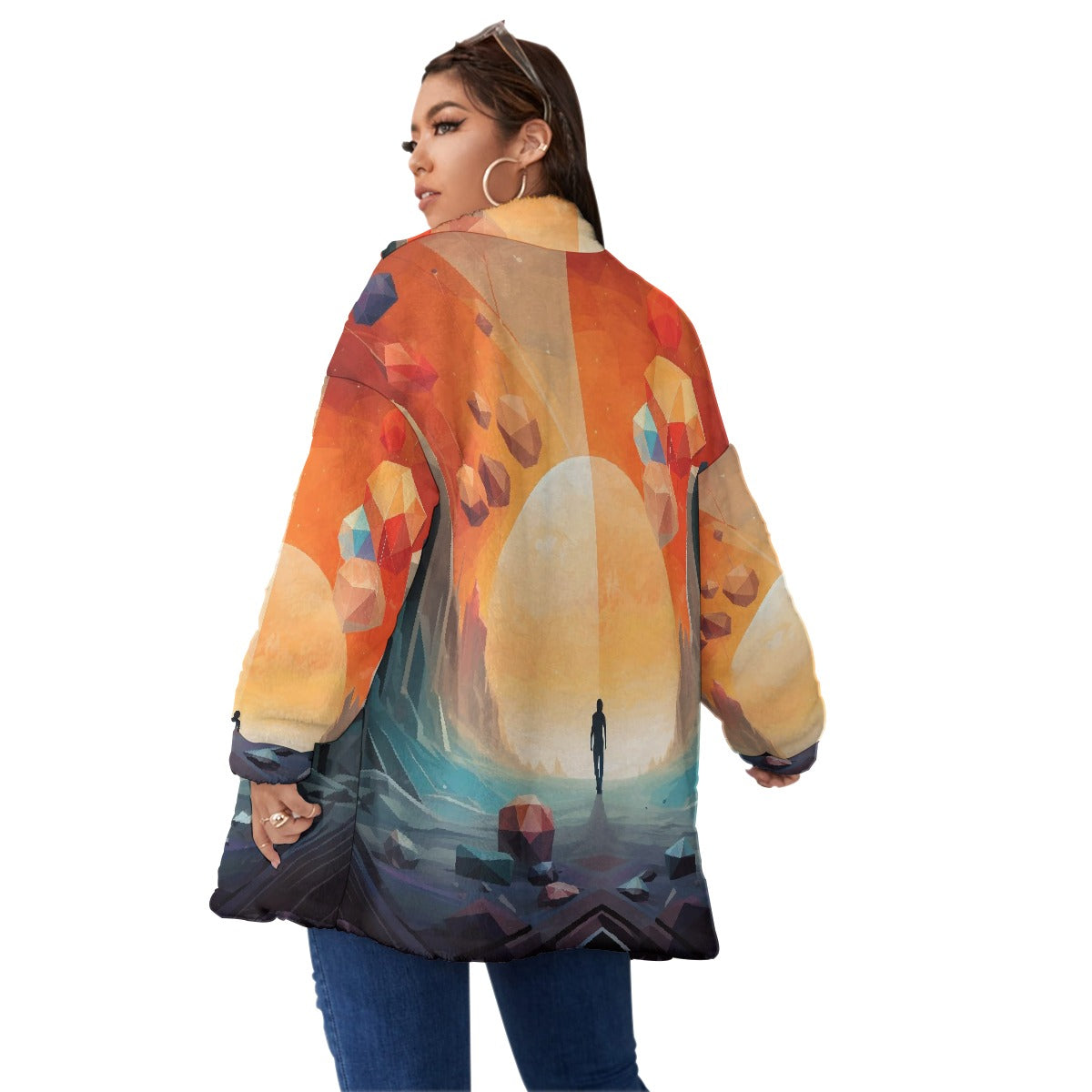 All-Over Print Unisex Borg Fleece Stand-up Collar Coat With Zipper Closure(Plus Size)