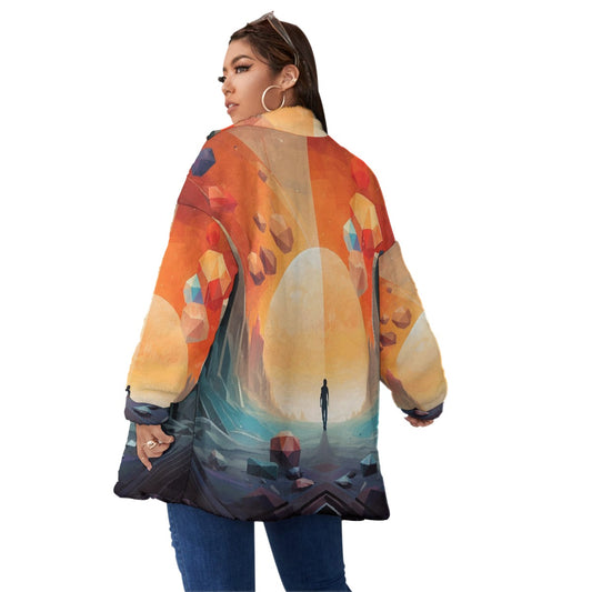 All-Over Print Unisex Borg Fleece Stand-up Collar Coat With Zipper Closure(Plus Size)