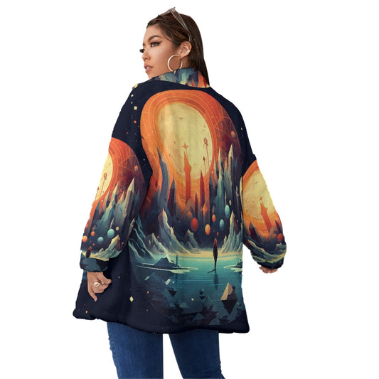 All-Over Print Unisex Borg Fleece Stand-up Collar Coat With Zipper Closure(Plus Size)