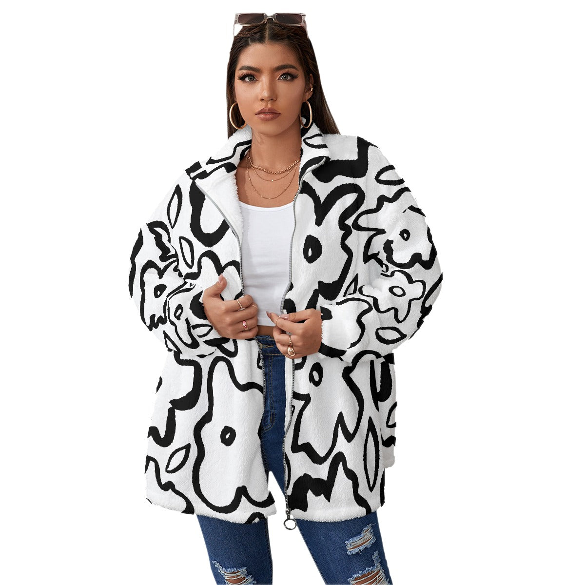 All-Over Print Unisex Borg Fleece Stand-up Collar Coat With Zipper Closure(Plus Size)