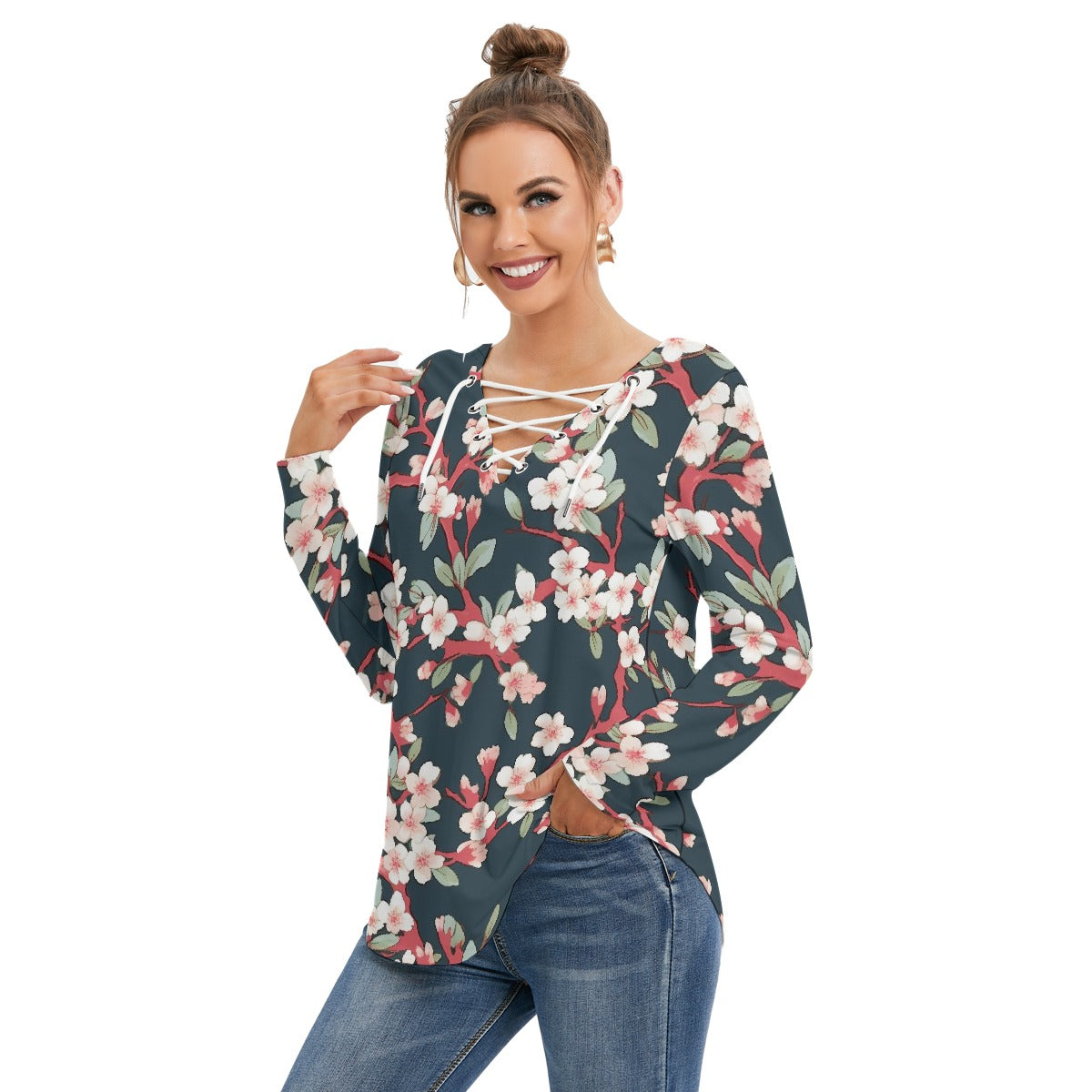 All-Over Print Women's Long Sleeve Neckline Tie Sweatshirt