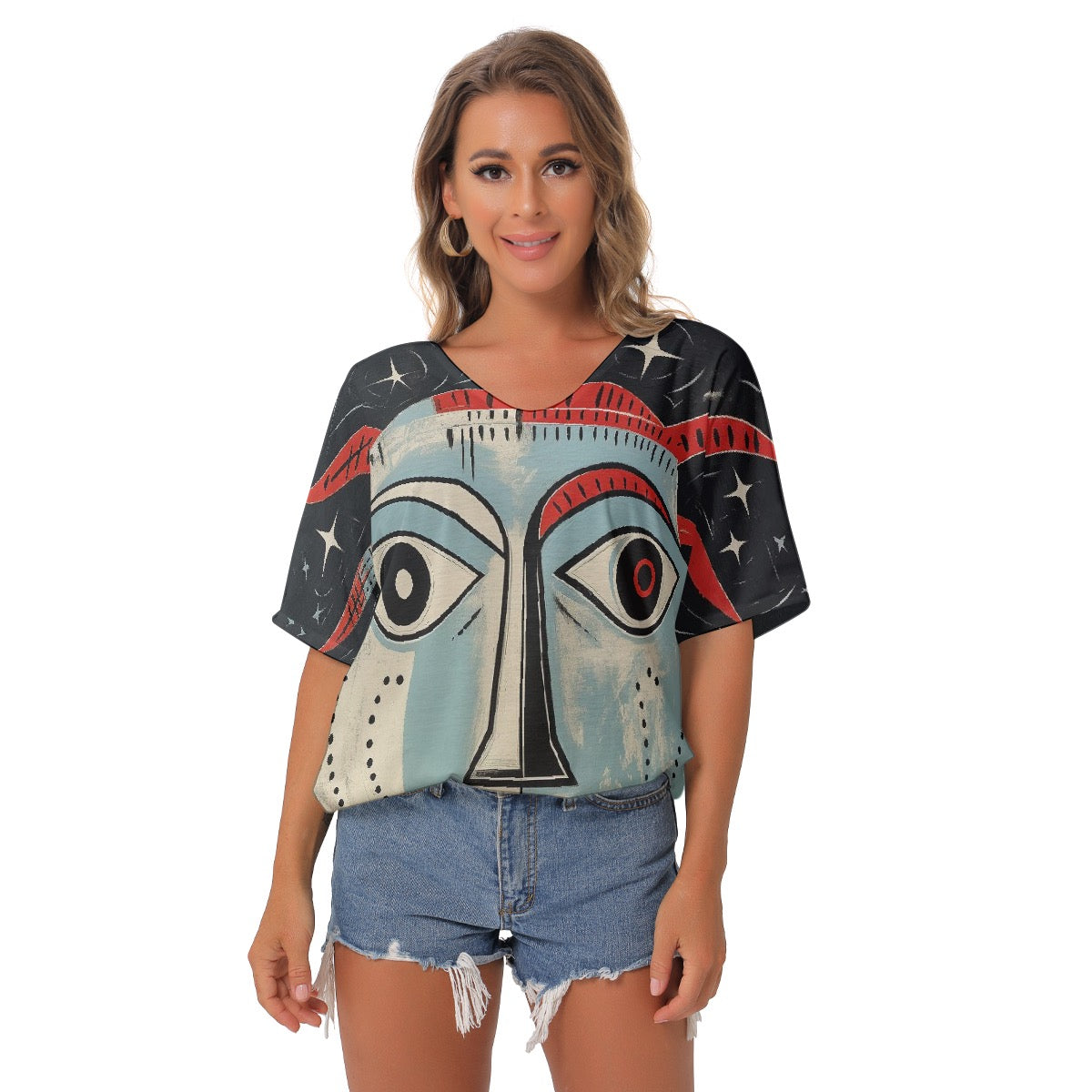 All-Over Print Women's Bat Sleeves V-Neck Blouse