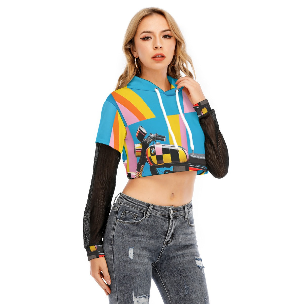 All-Over Print Women's Fake Two-piece Mesh Sleeve Cropped Hoodie