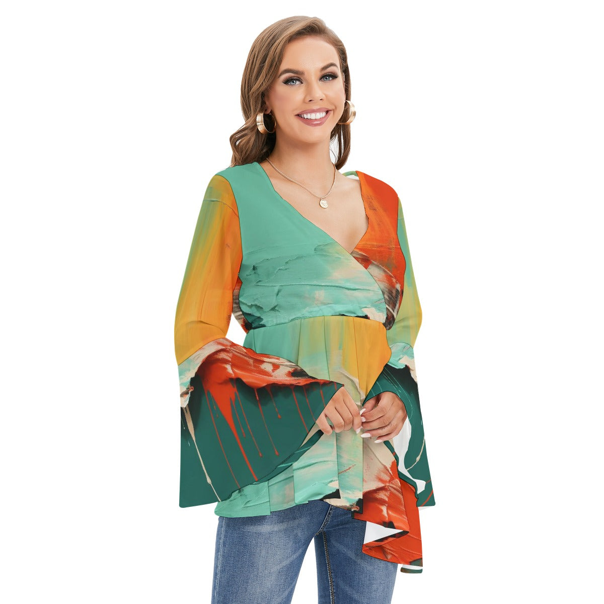 All-Over Print Women's V-neck Blouse With Flared Sleeves