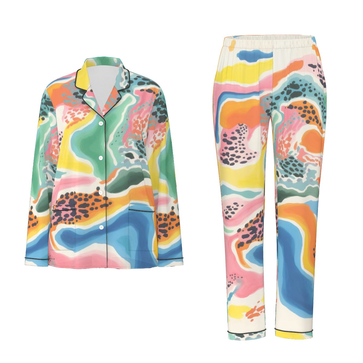 All-Over Print Women's Long Sleeve Pajama Set With Black Contrast Piping