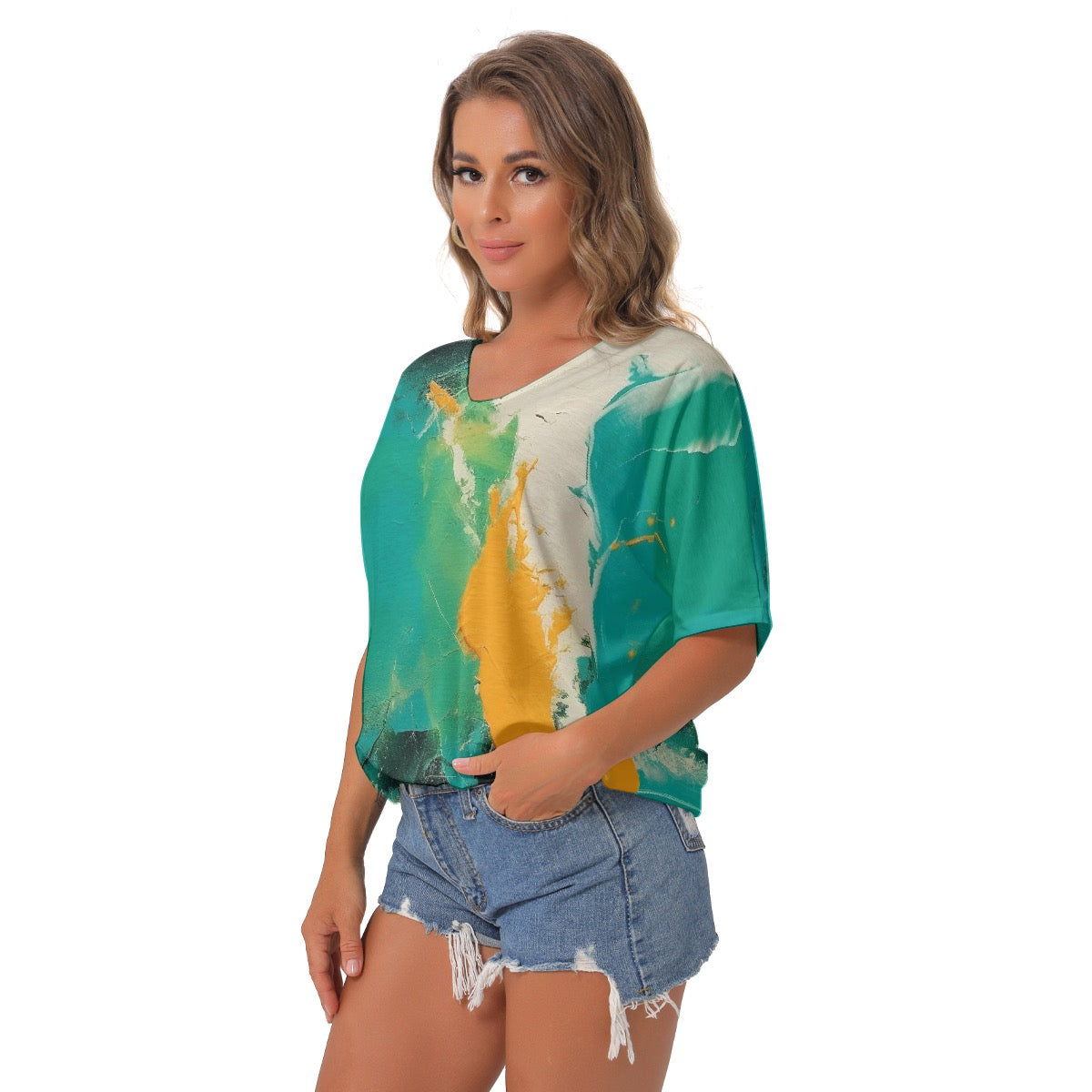 All-Over Print Women's Bat Sleeves V-Neck Blouse