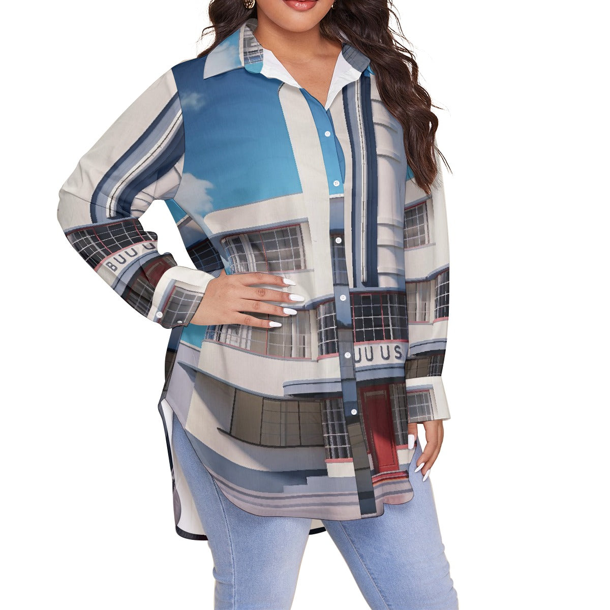 All-Over Print Women's Shirt With Long Sleeve(Plus Size)