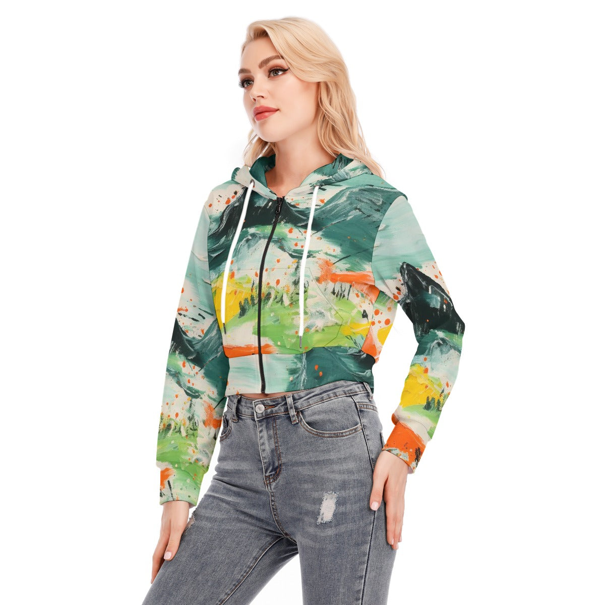 All-Over Print Women's Crop Top Hoodie With Zipper Closure