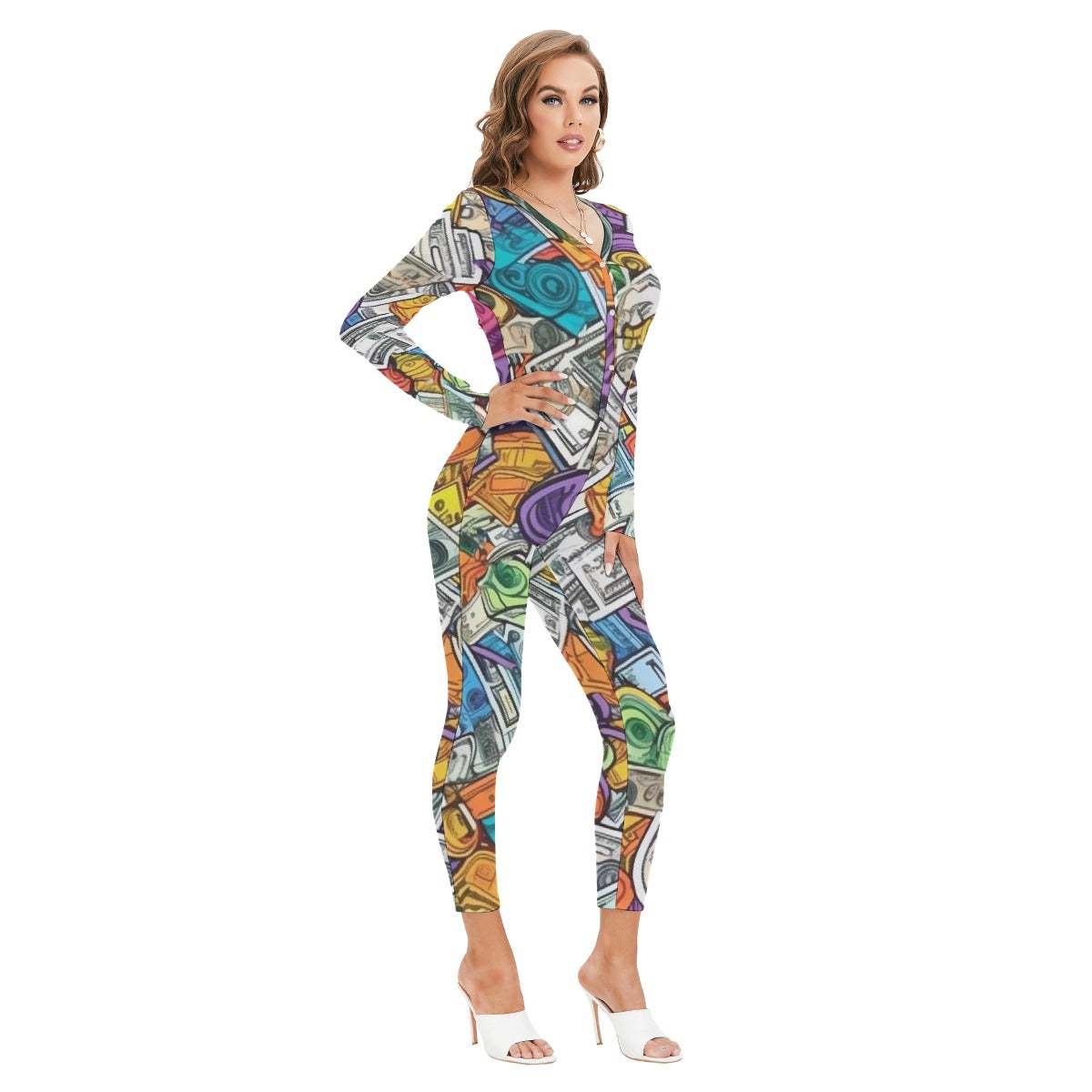 All-Over Print Women's Plunging Neck Jumpsuit