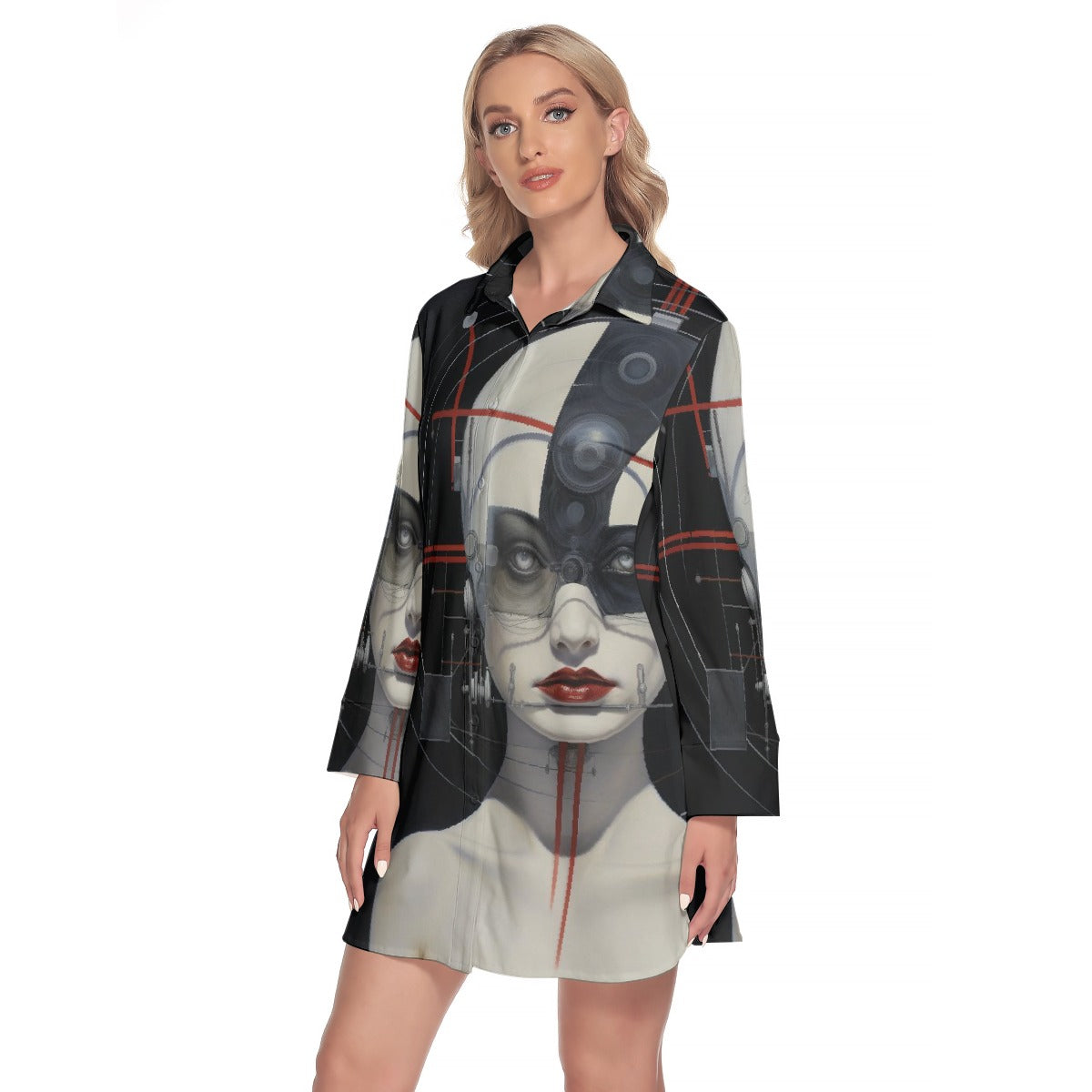 All-Over Print Women's Lapel Shirt Dress With Long Sleeve