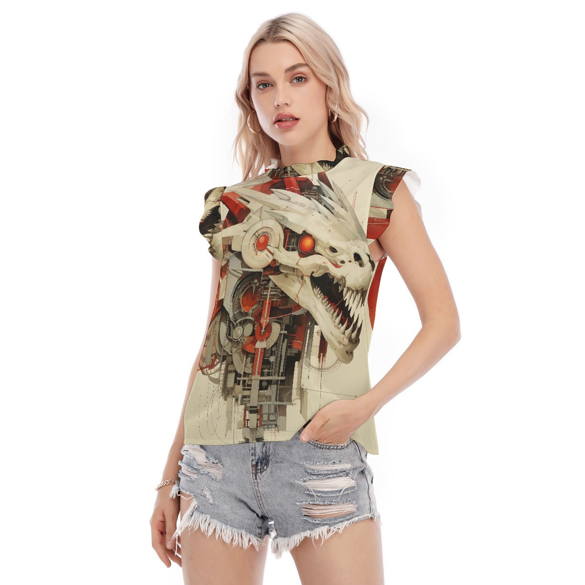 All-Over Print Women's Blouse With Ruffle Collar And Sleeve