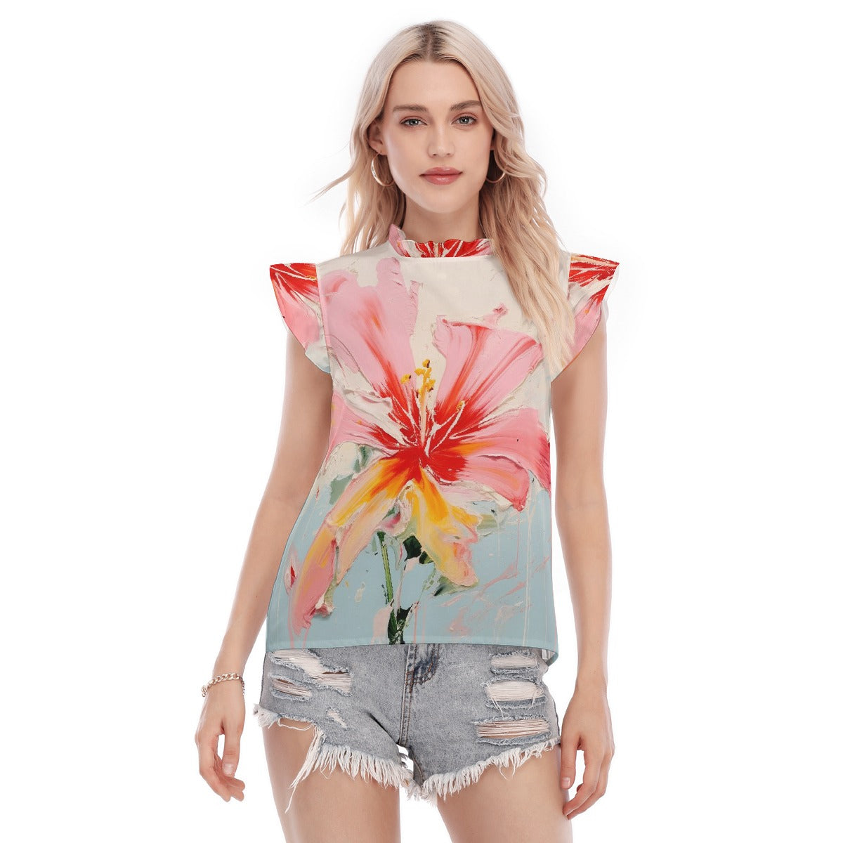 All-Over Print Women's Blouse With Ruffle Collar And Sleeve