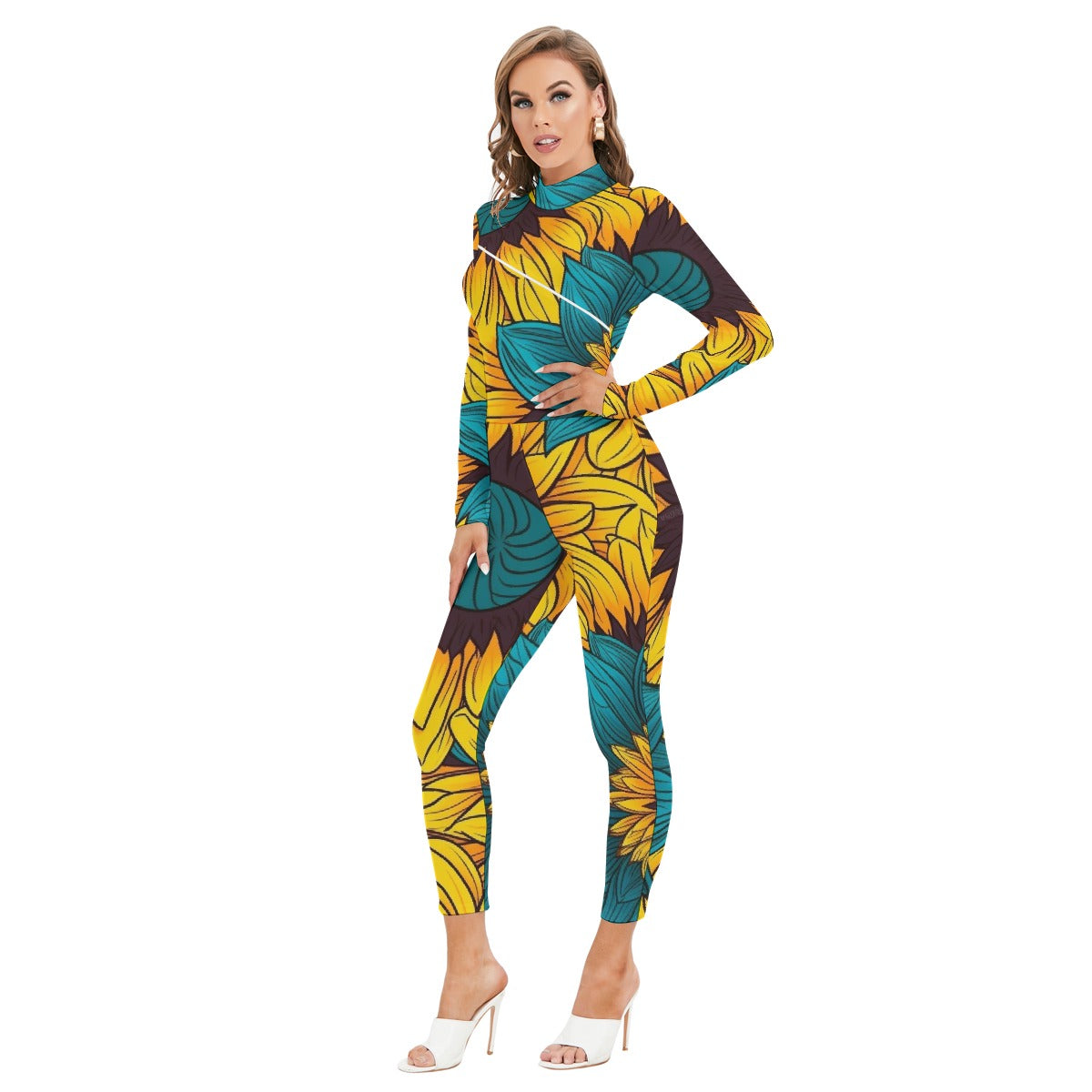 All-Over Print Women's Long-sleeved High-neck Jumpsuit With Zipper
