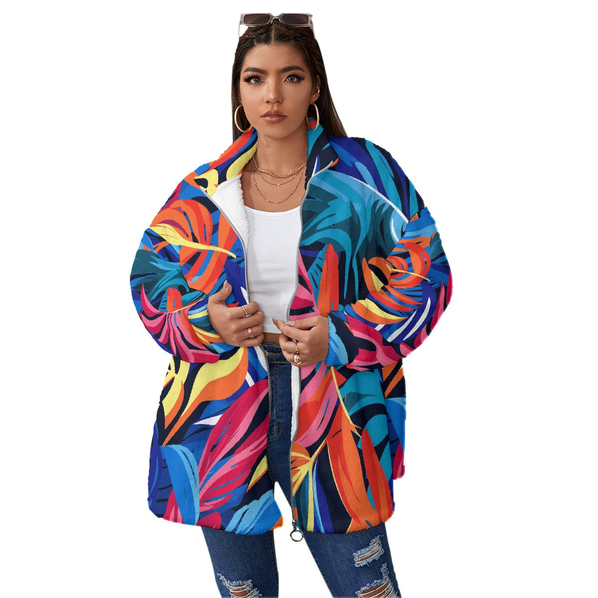 All-Over Print Unisex Borg Fleece Stand-up Collar Coat With Zipper Closure(Plus Size)