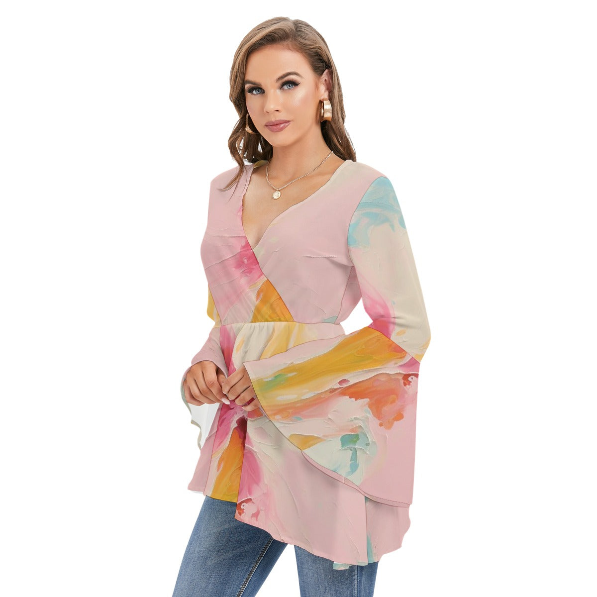 All-Over Print Women's V-neck Blouse With Flared Sleeves