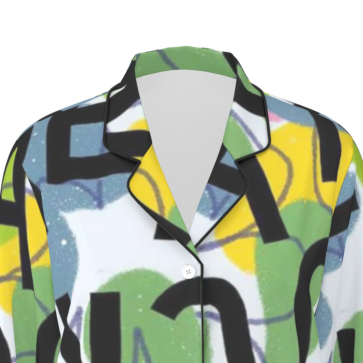 All-Over Print Women's Long Sleeve Pajama Set With Black Contrast Piping