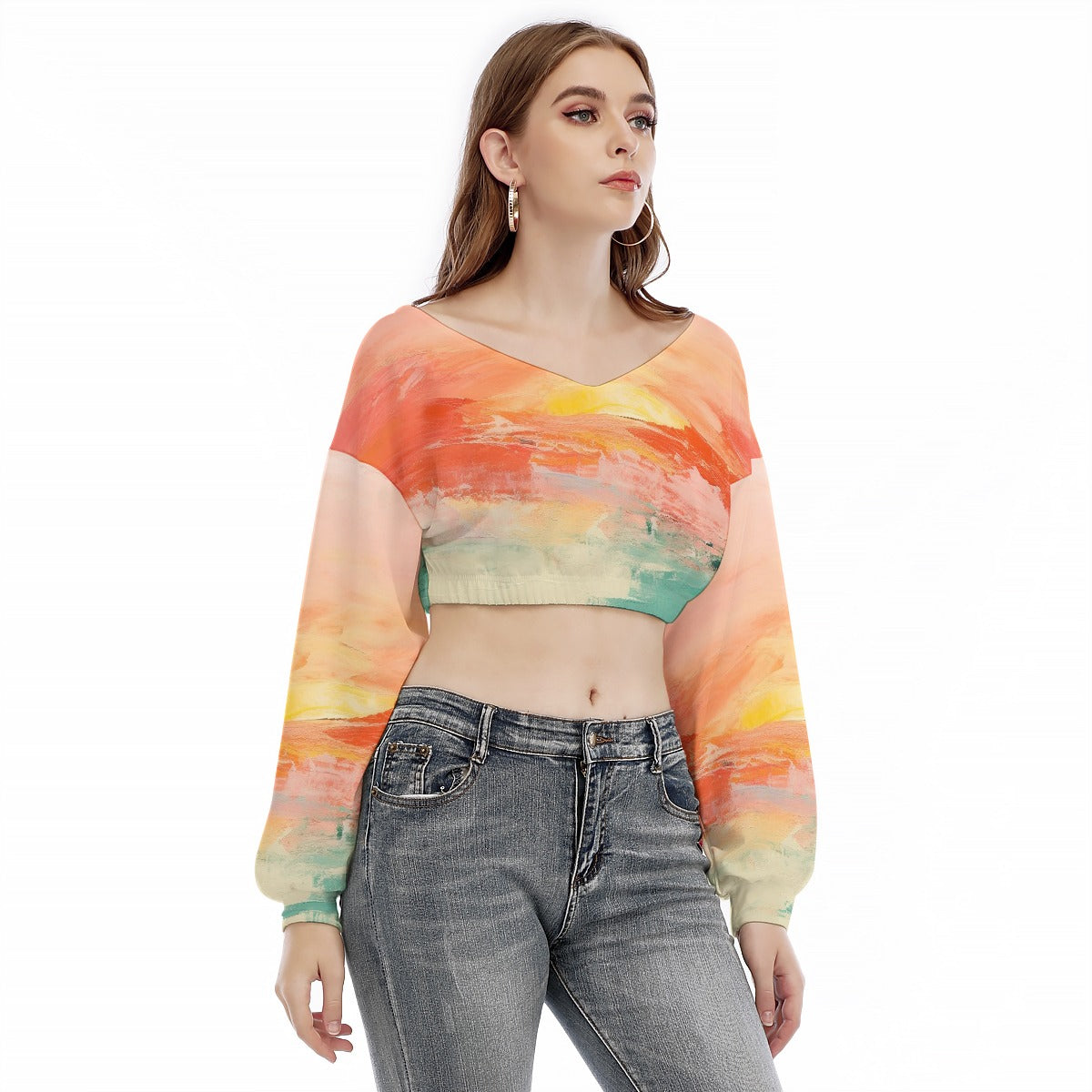 All-Over Print Women's V-neck Long Sleeve Cropped Sweatshirt