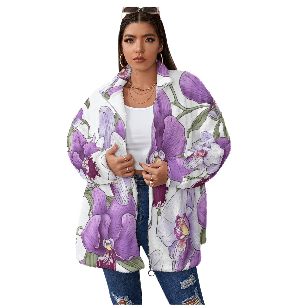 All-Over Print Unisex Borg Fleece Stand-up Collar Coat With Zipper Closure(Plus Size)