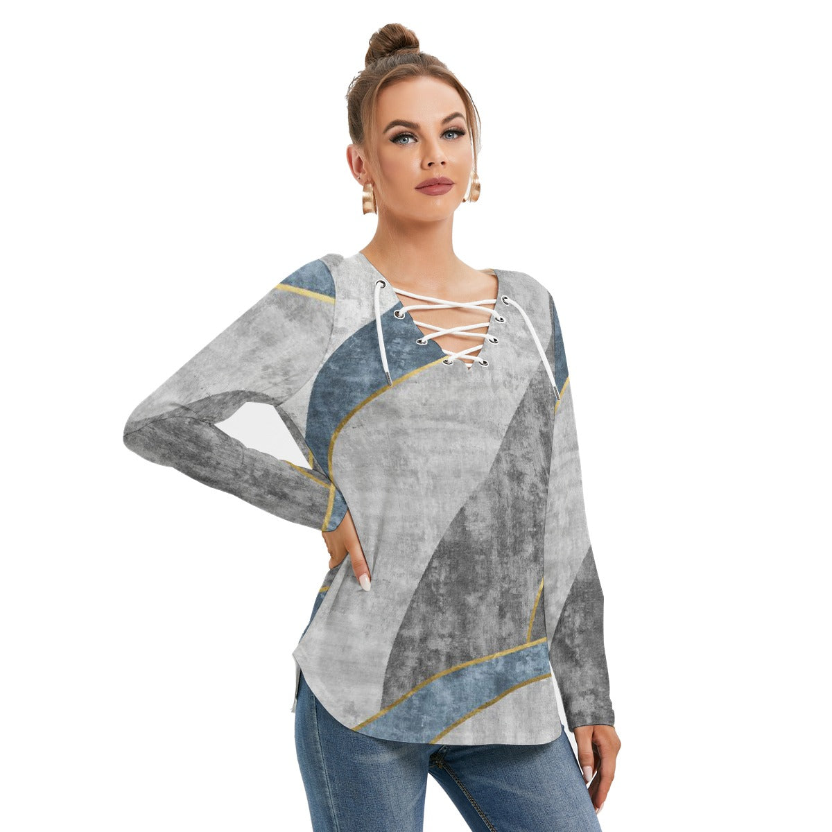 All-Over Print Women's Long Sleeve Neckline Tie Sweatshirt