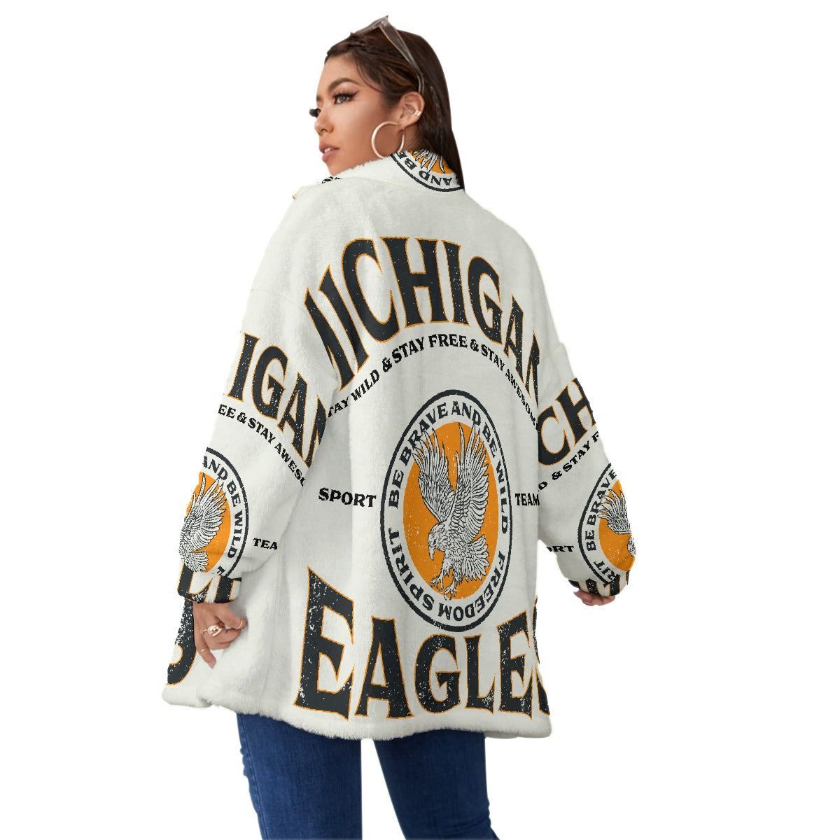 All-Over Print Unisex Borg Fleece Stand-up Collar Coat With Zipper Closure(Plus Size)