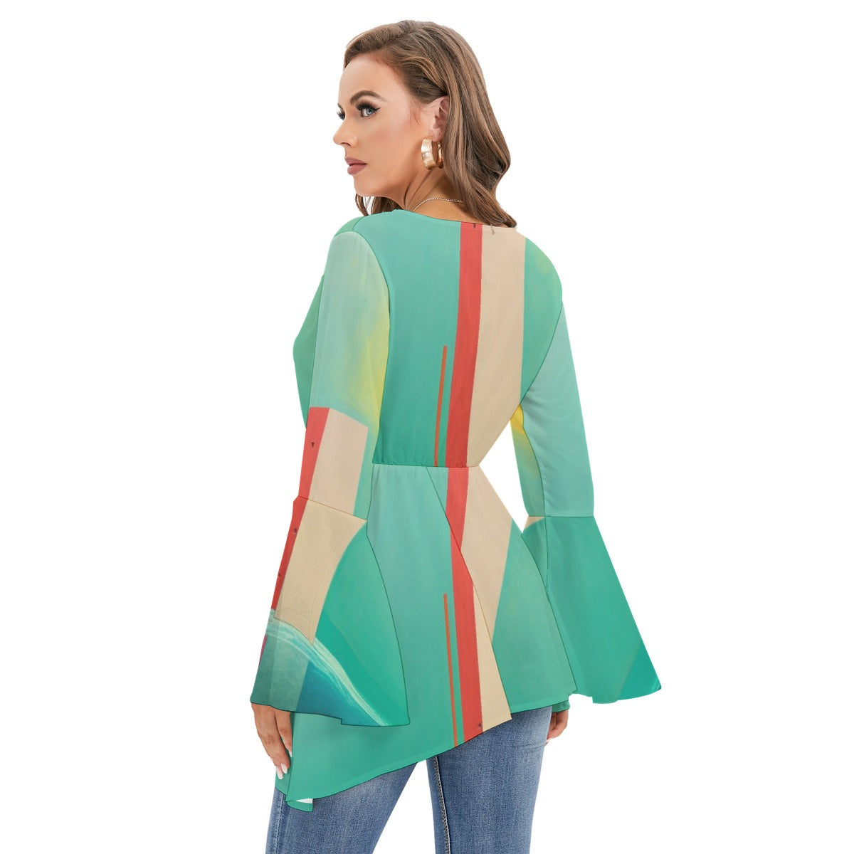 All-Over Print Women's V-neck Blouse With Flared Sleeves