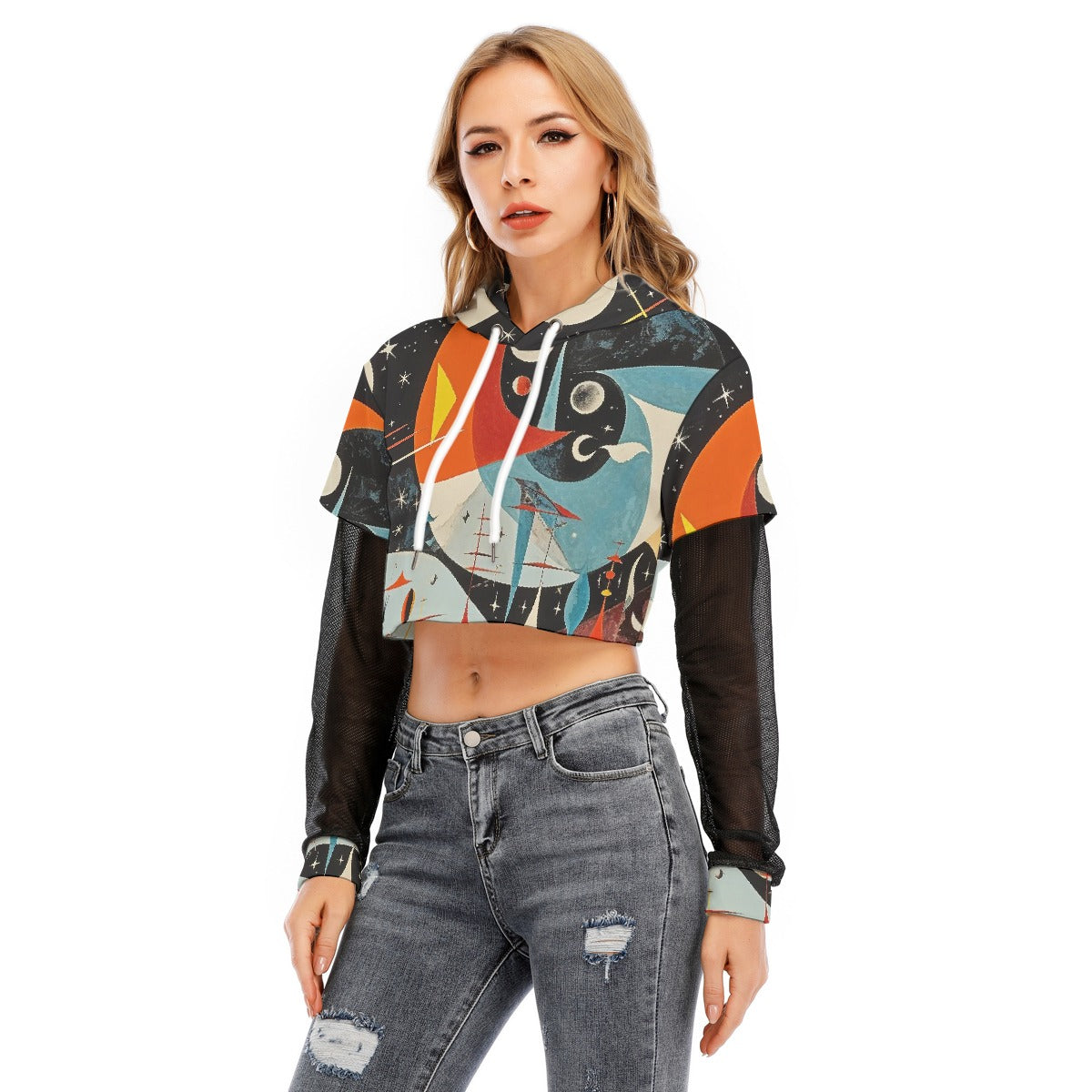 All-Over Print Women's Fake Two-piece Mesh Sleeve Cropped Hoodie