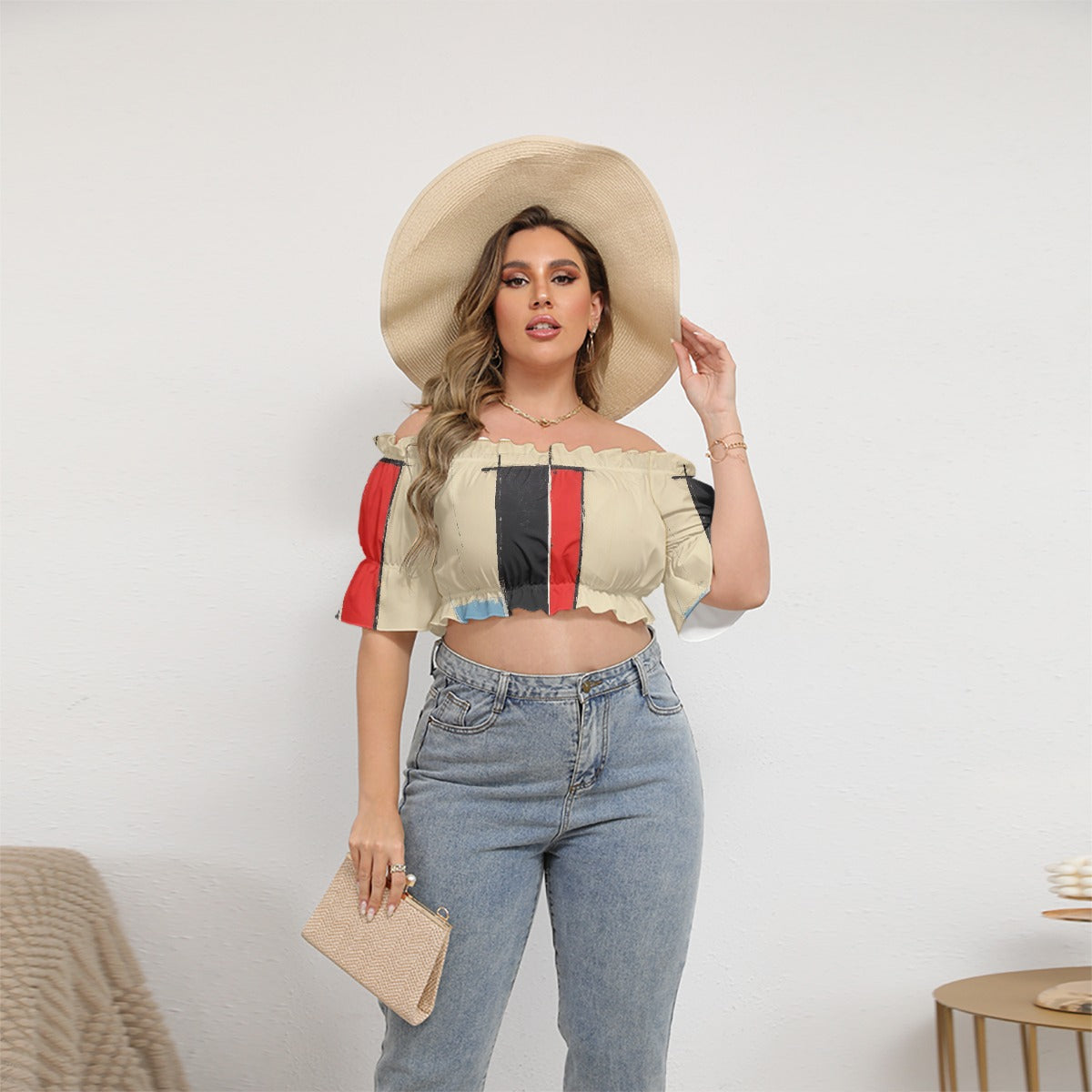 All-Over Print Women's Off-shoulder Cropped Top With Short Puff Sleeve