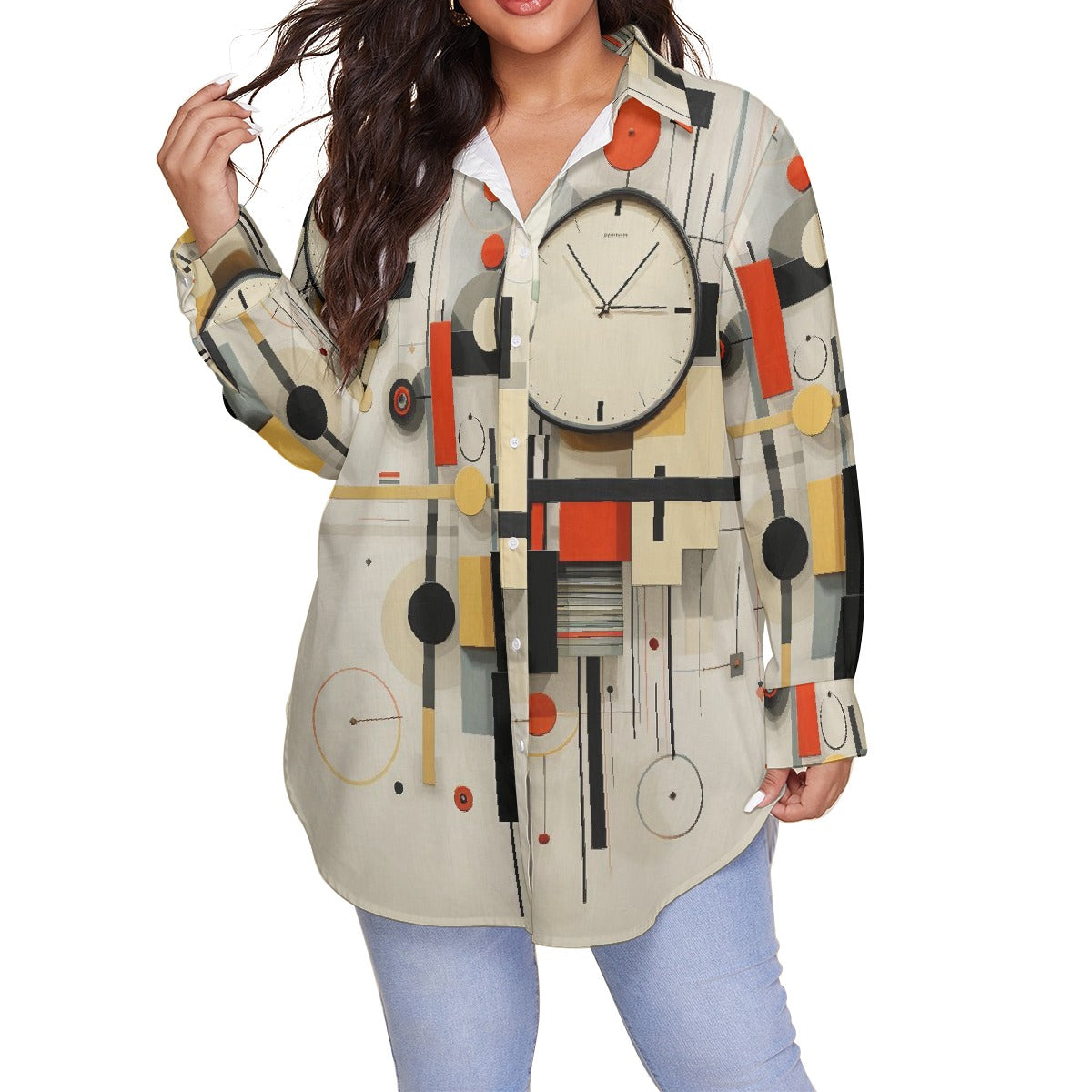All-Over Print Women's Shirt With Long Sleeve(Plus Size)