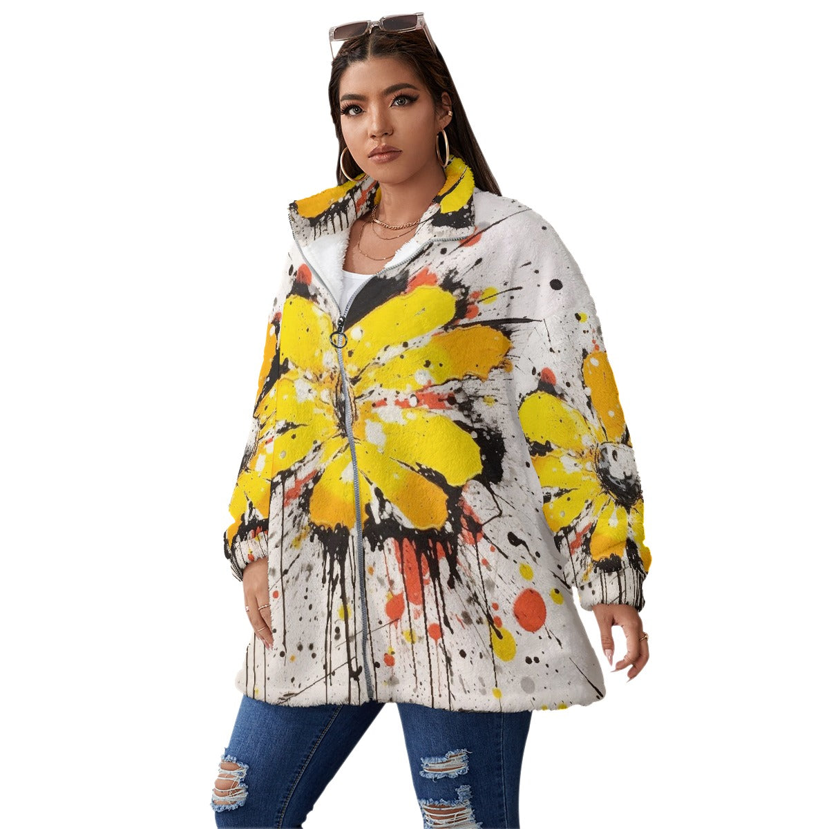 All-Over Print Unisex Borg Fleece Stand-up Collar Coat With Zipper Closure(Plus Size)