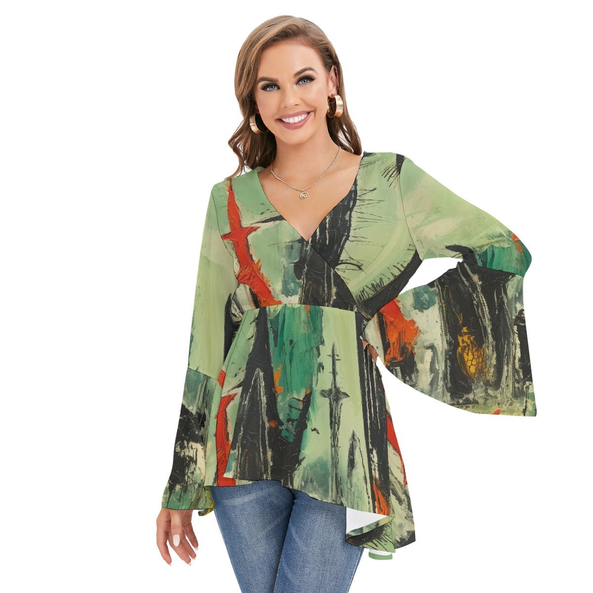 All-Over Print Women's V-neck Blouse With Flared Sleeves