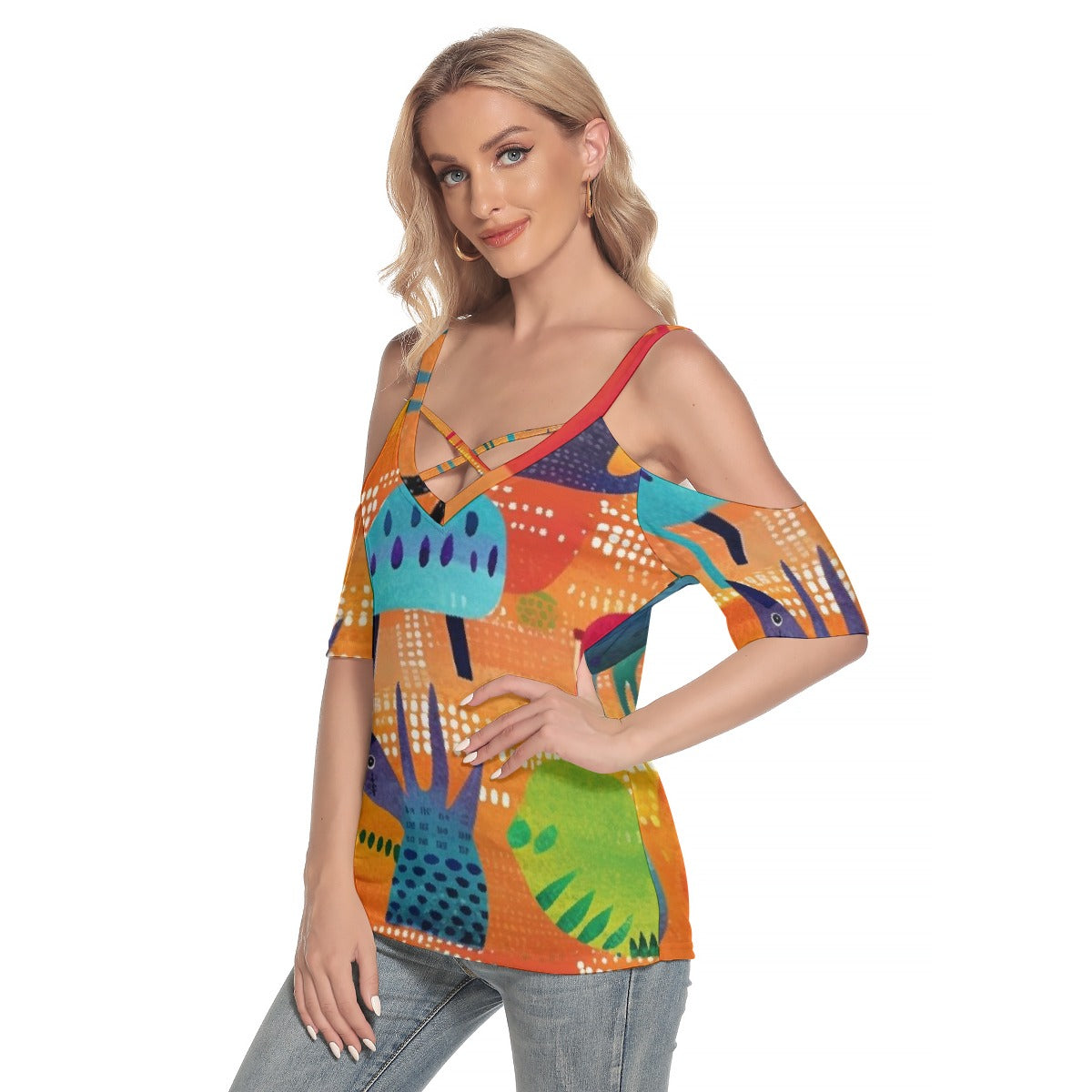 All-Over Print Women's Cold Shoulder T-shirt With Criss Cross Strips
