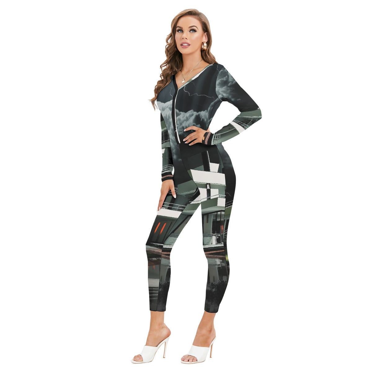 All-Over Print Women's Plunging Neck Jumpsuit