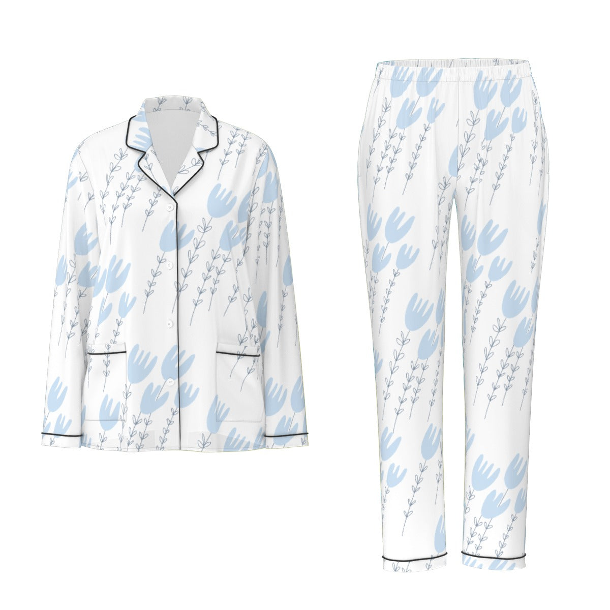 All-Over Print Women's Long Sleeve Pajama Set With Black Contrast Piping