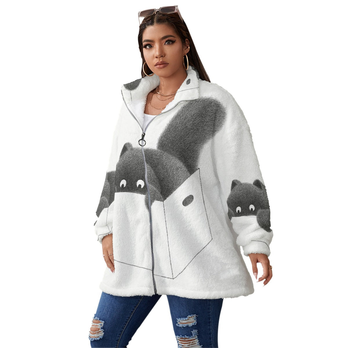 All-Over Print Unisex Borg Fleece Stand-up Collar Coat With Zipper Closure(Plus Size)