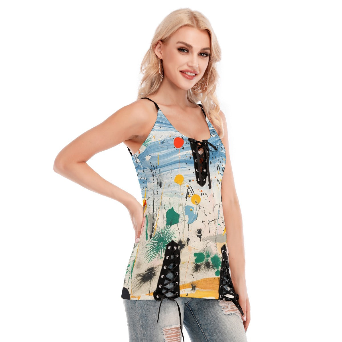 All-Over Print Women's V-neck Eyelet Lace-up Cami Dress