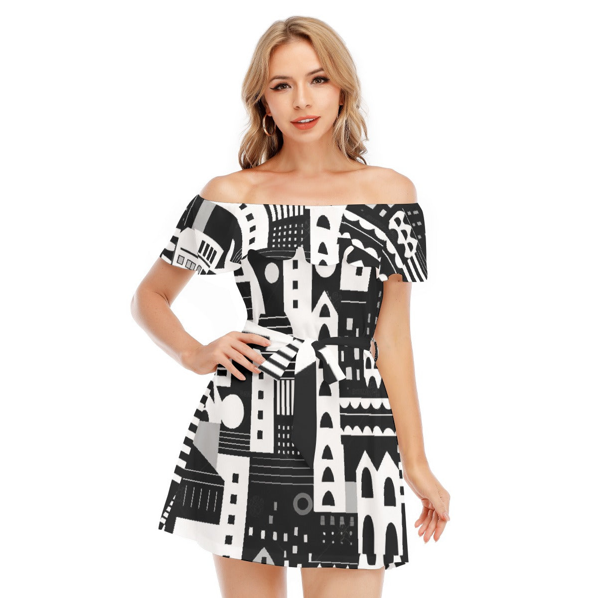 All-Over Print Women's Off-shoulder Dress With Ruffle