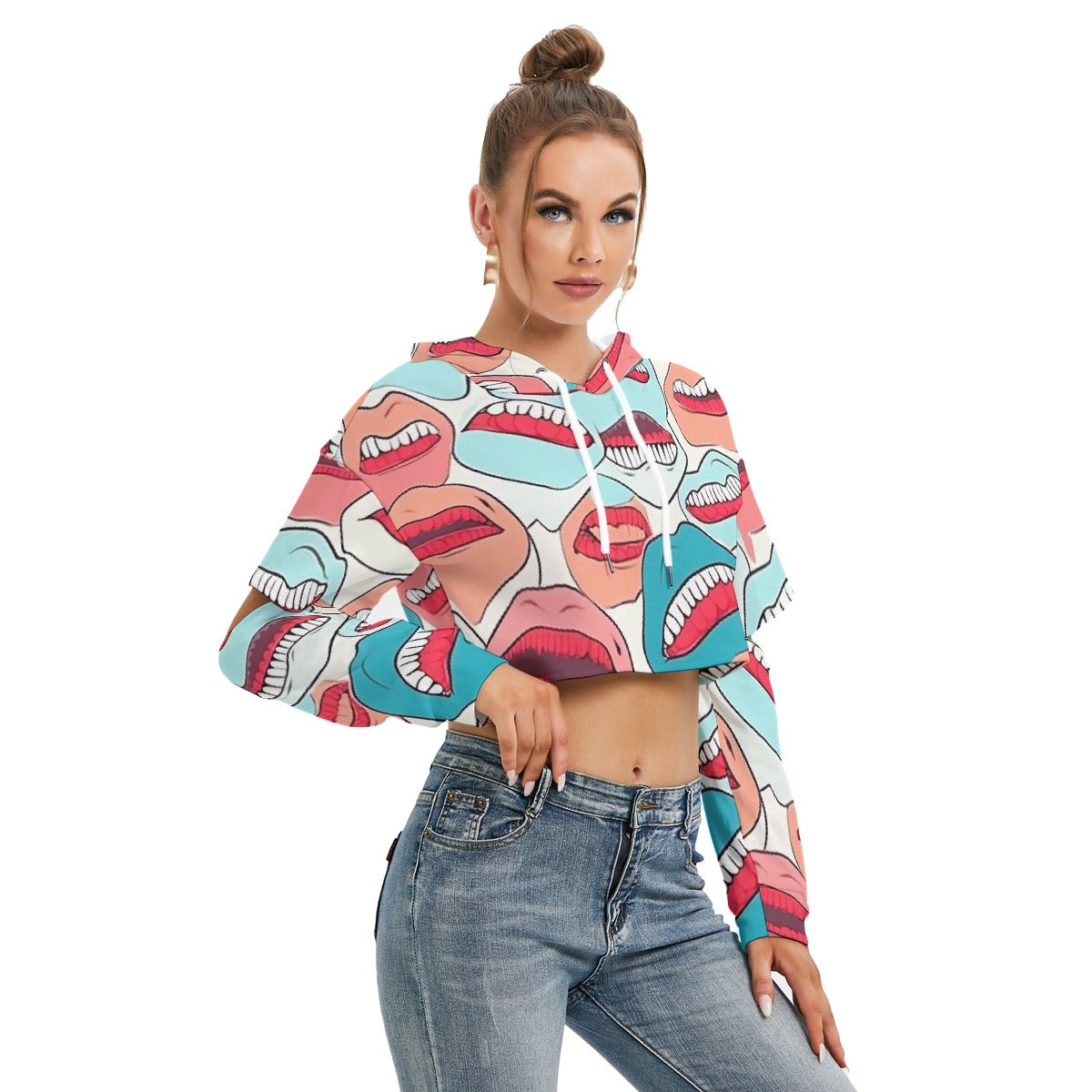 All-Over Print Women's Heavy Fleece Hoodie With Hollow Out Sleeve